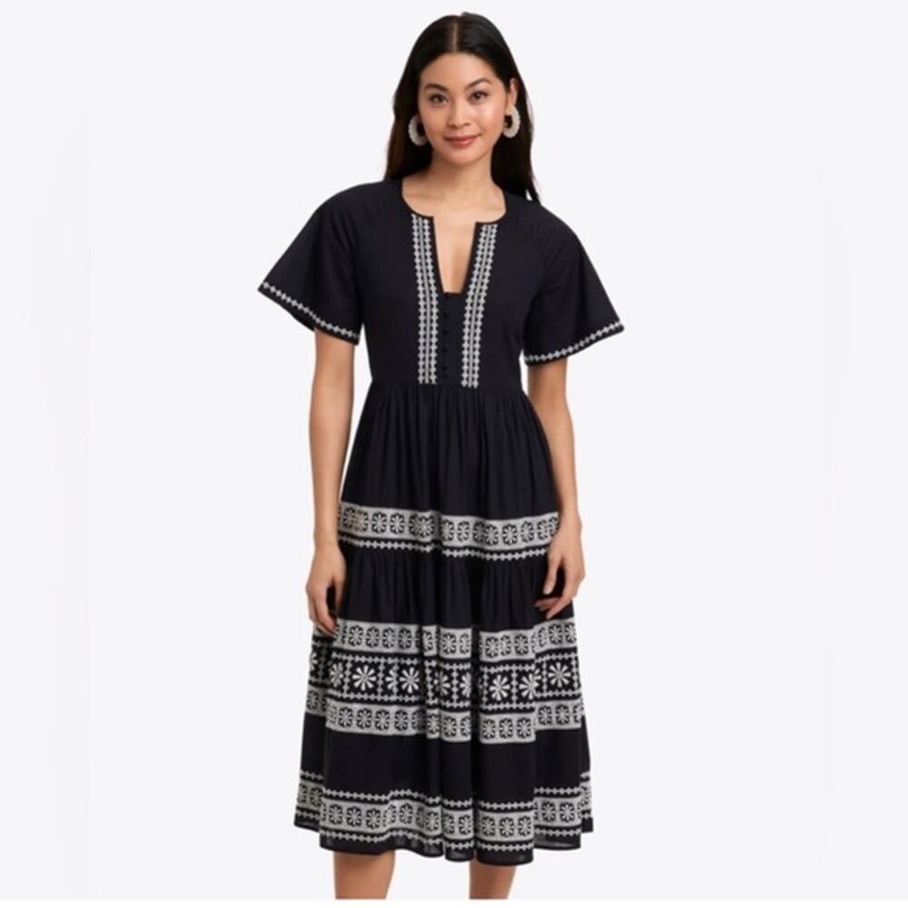Draper James Carlene Embroidered Midi Dress Belle Meade Black White Womens S NWT